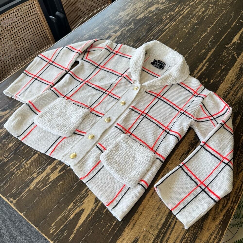 DOLES - White & Orange Plaid Button-Up Cardigan Sweater – Size 42 (L)